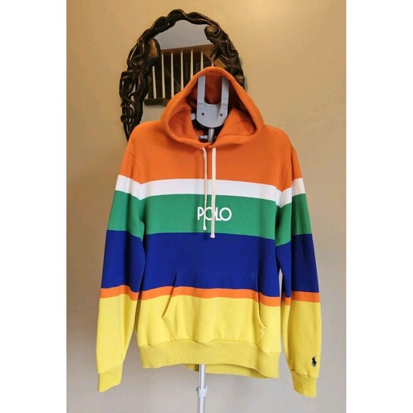 Polo Ralph Lauren Multi Colorblock Striped Logo Fleece Spellout Hoodie Mens L - Picture 1 of 7